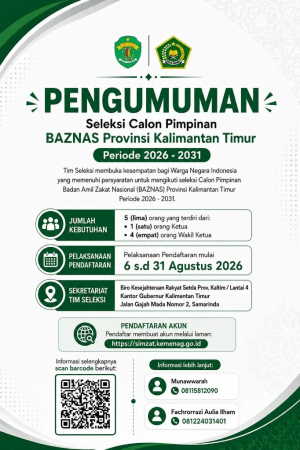 Pendaftaran Calon Pimpinan BAZNAS Provinsi Kalimantan Timur Periode 2026–2031 Dimulai